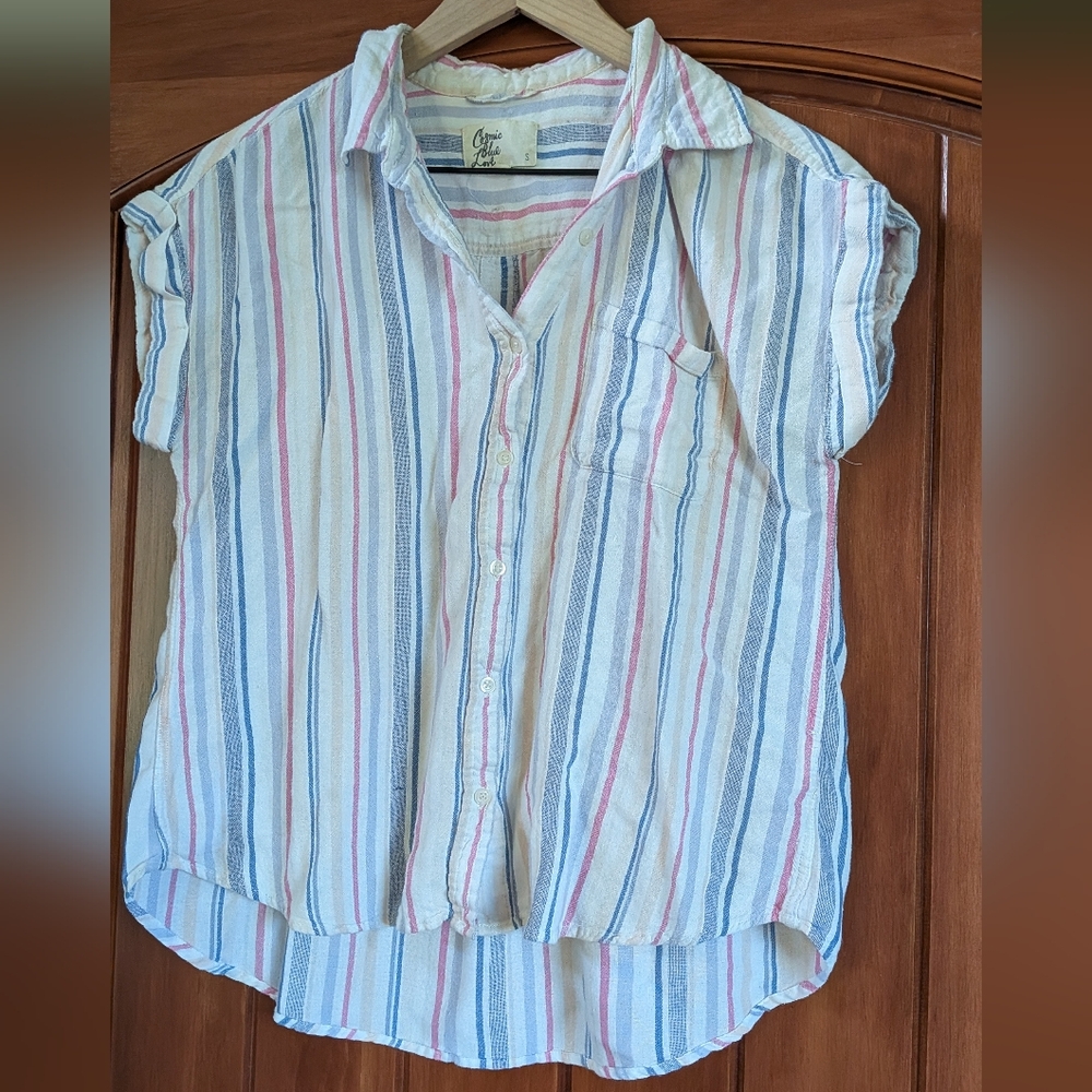 Blue and Pink Boxy Short Sleeve Blouse